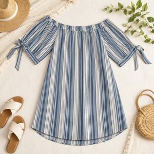 THM Off Shoulder Dress Top Womens Medium Blue Stripe Tie Sleeve Coastal Nautical